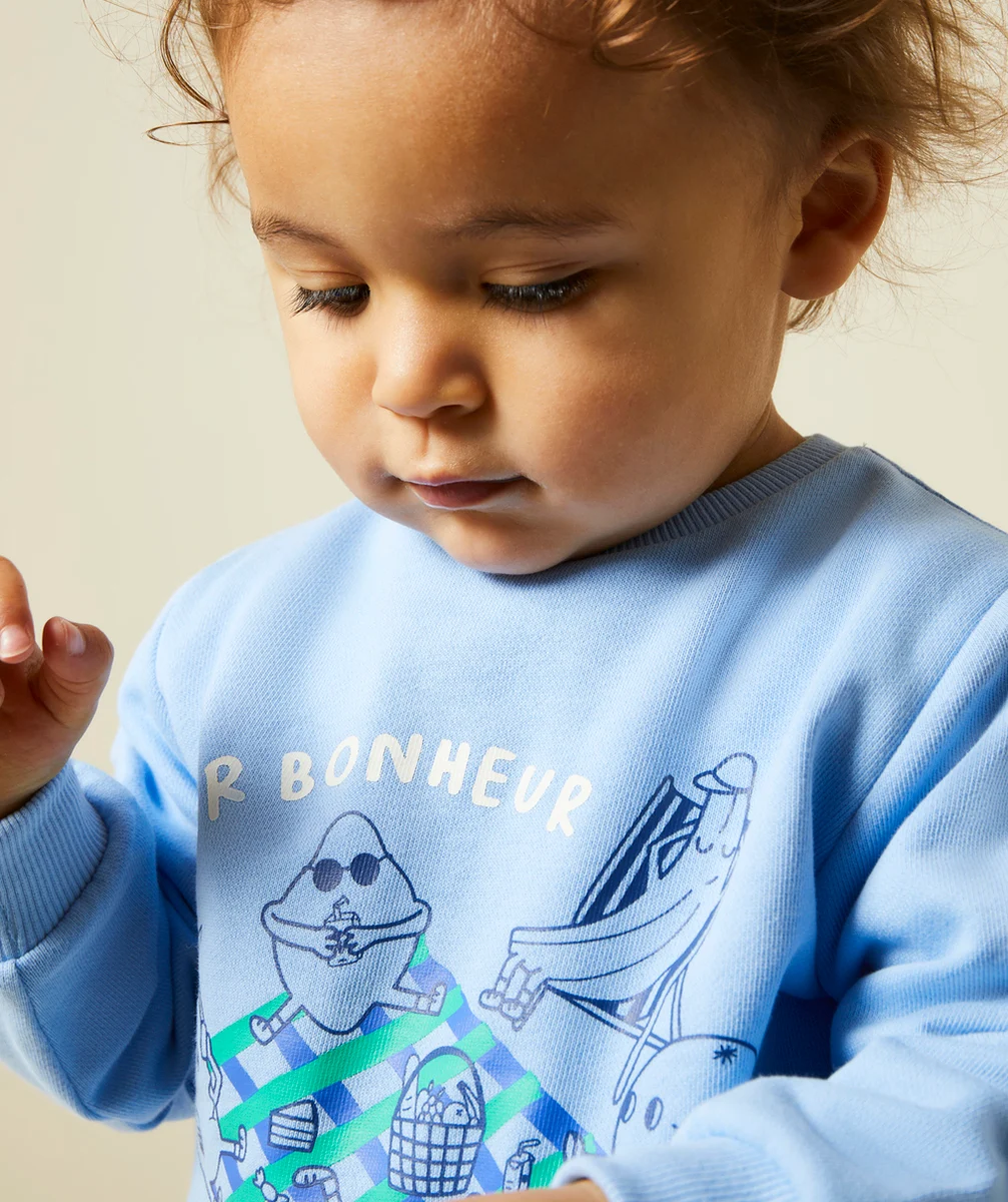 SWEAT MANCHES LONGUES BÉBÉ GARÇON 100% COTON BLEU THÈME PIQUE-NIQUE