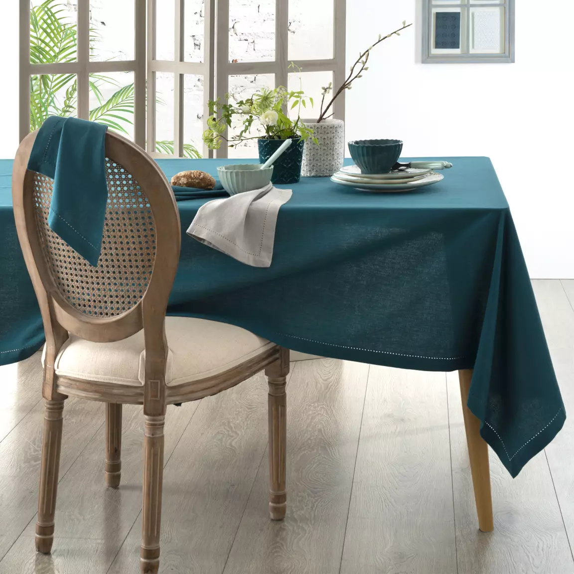 Lot de 4 serviettes coton (40 x 40 cm) Chambray Bleu canard