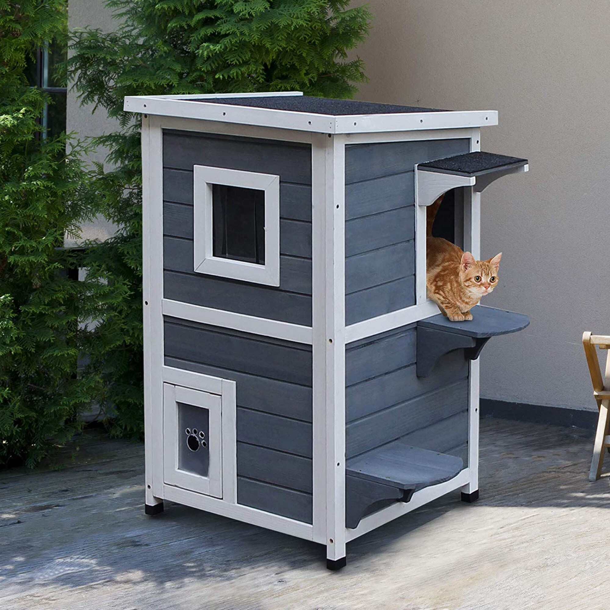 PawHut Katzenvilla mit 2 Etagen grau, weiß 51 x 51 x 81,3 cm (LxBxH)