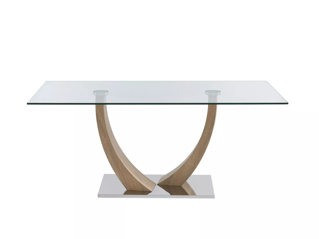Table à manger 6 personnes en verre trempé, MDF et acier inoxydable - Naturel clair - MELODIE II