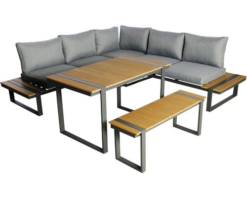 Garden Place Eila loungeset, 237 x 237 cm, 7-zits, 3-delig, inclusief tafel 120 x 70 x 69 cm in houtlook, inclusief lichtgrijze zitkussens