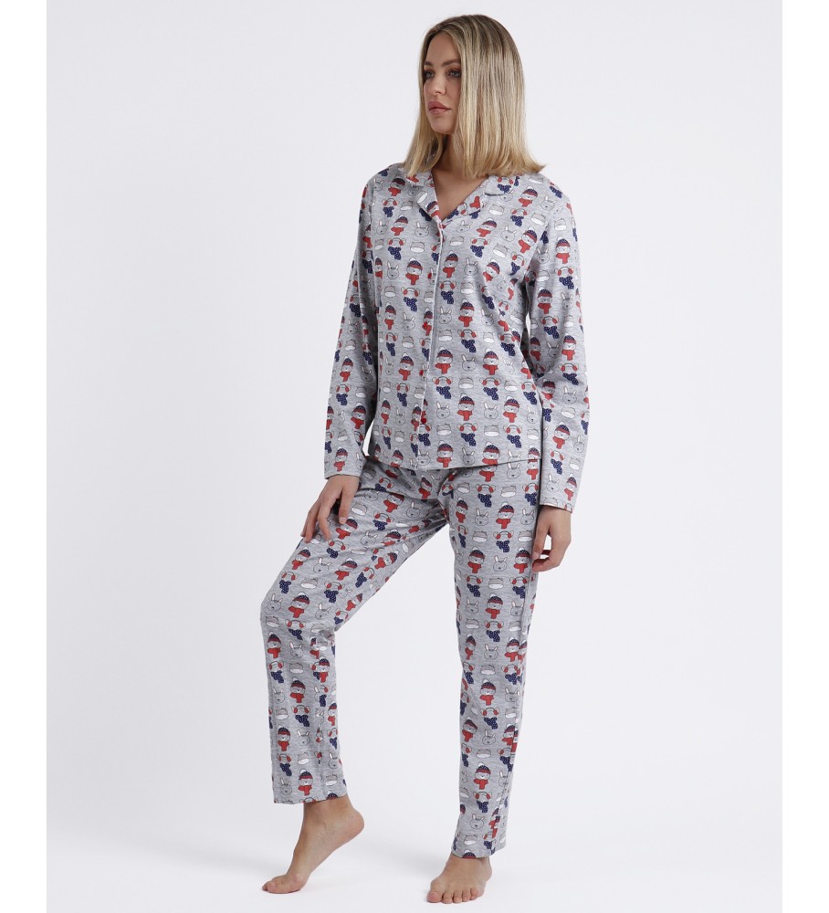 Pijama Admas de manga comprida aberto, estampa Bom Dia Ratinho Cinza