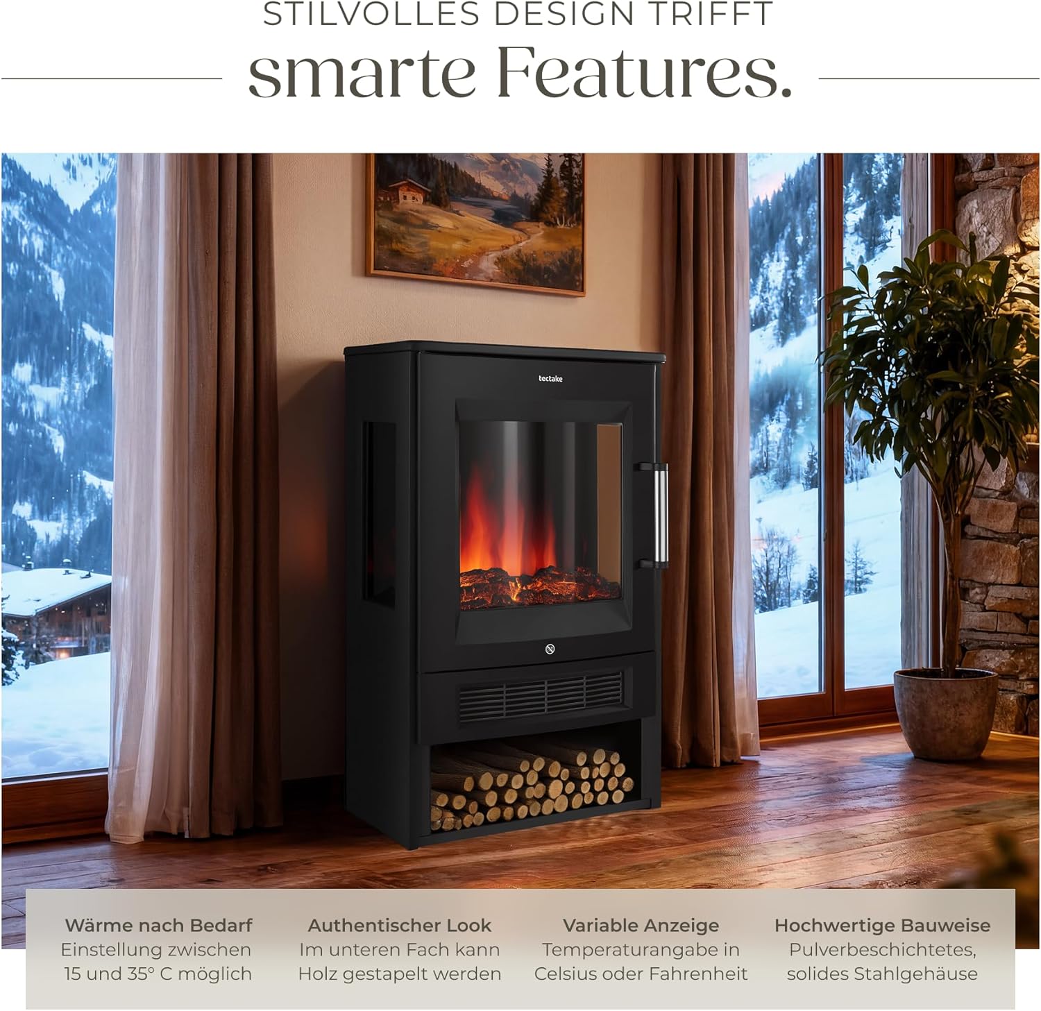 tectake® Elektrokamin mit 2 Heizstufen 900W/1800W, elektrischer Kamin mit 3D-Flammeneffekt Kaminfeuer in 8 Farben, Kamin mit Fernbedienung und Tuya-App-Steuerung, Timer, Elektro Kamin, schwarz