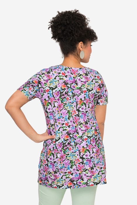 T-Shirt, Blumenmuster, V-Ausschnitt, Halbarm