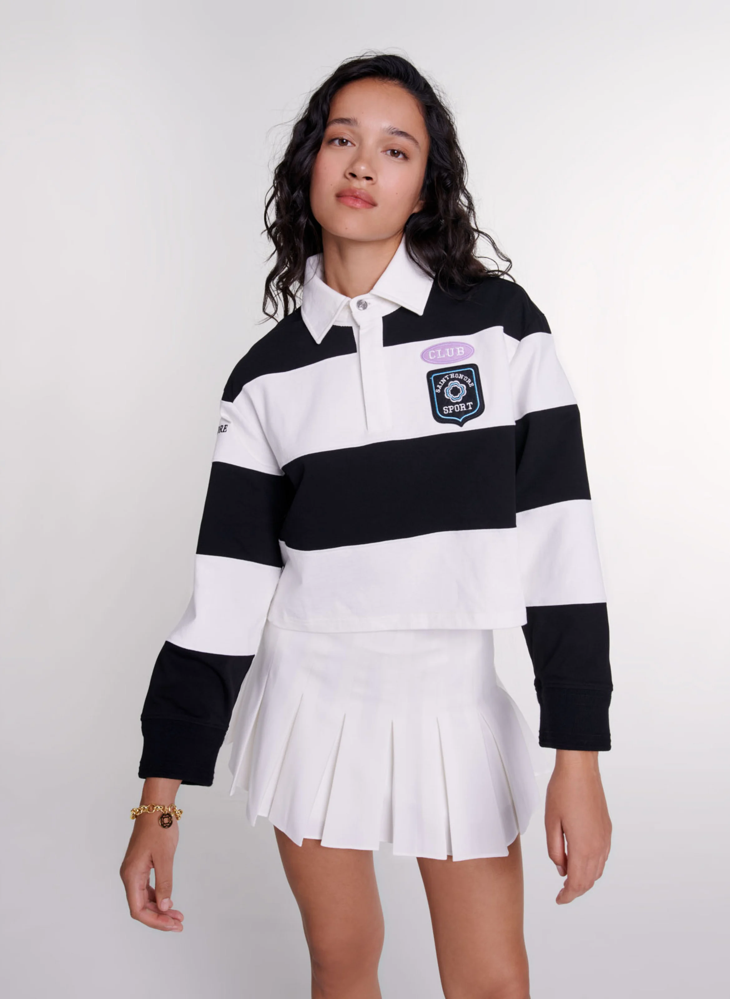 Polo droit court en coton rayé | Noir