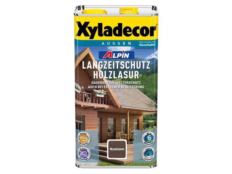 Xyladecor Holzlasur Alpin Langzeitschutz, Nussbaum, 5 L Langzeit-Wetterschutz für Holz in extremer Bewitterung