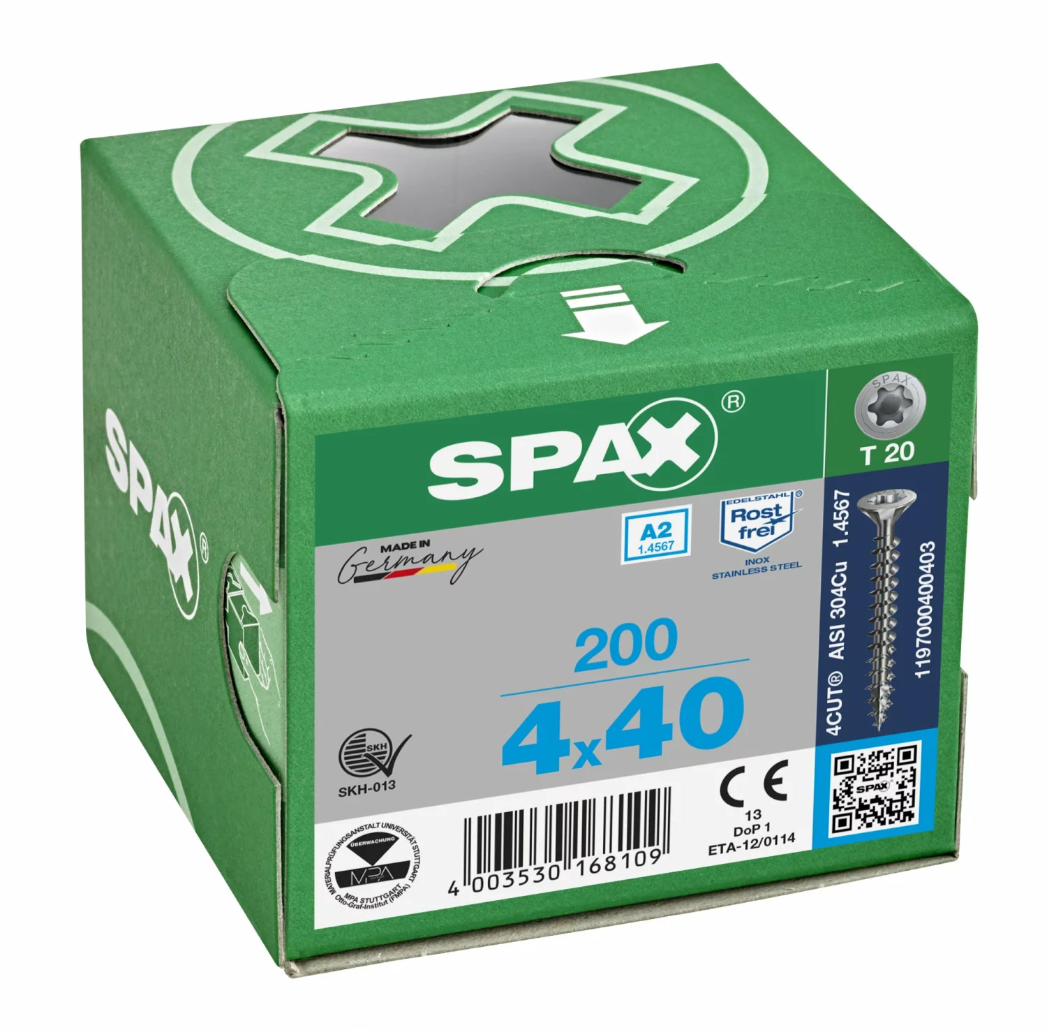SPAX 1197000400403 Roestvaststalen schroef, Verzonken kop, 4 x 40, Voldraad, T-STAR plus TX20 - blank - 200 stuks