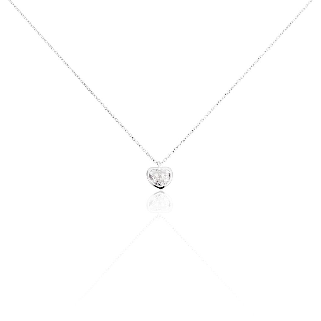 Collier Coeur Serti Clos Or Blanc Oxyde De Zirconium