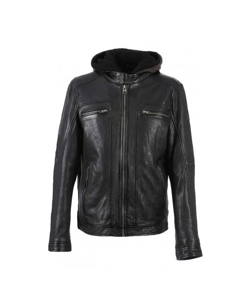 OAKWOOD BLOUSON DRINK EN CUIR CAPUCHE AMOVIBLE NOIR HOMME