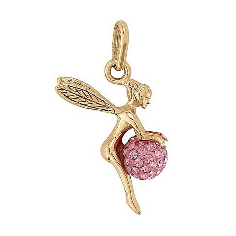 Pendentif Fée clochette et sa boule disco rose en plaqué or + chaine