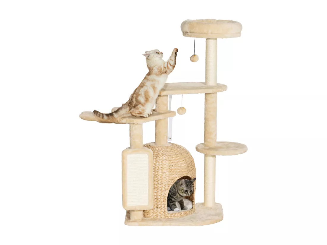 Arbre à chat style cosy chic - grande niche coussin, griffoir, grattoir, hamac, plateformes, boules - beige