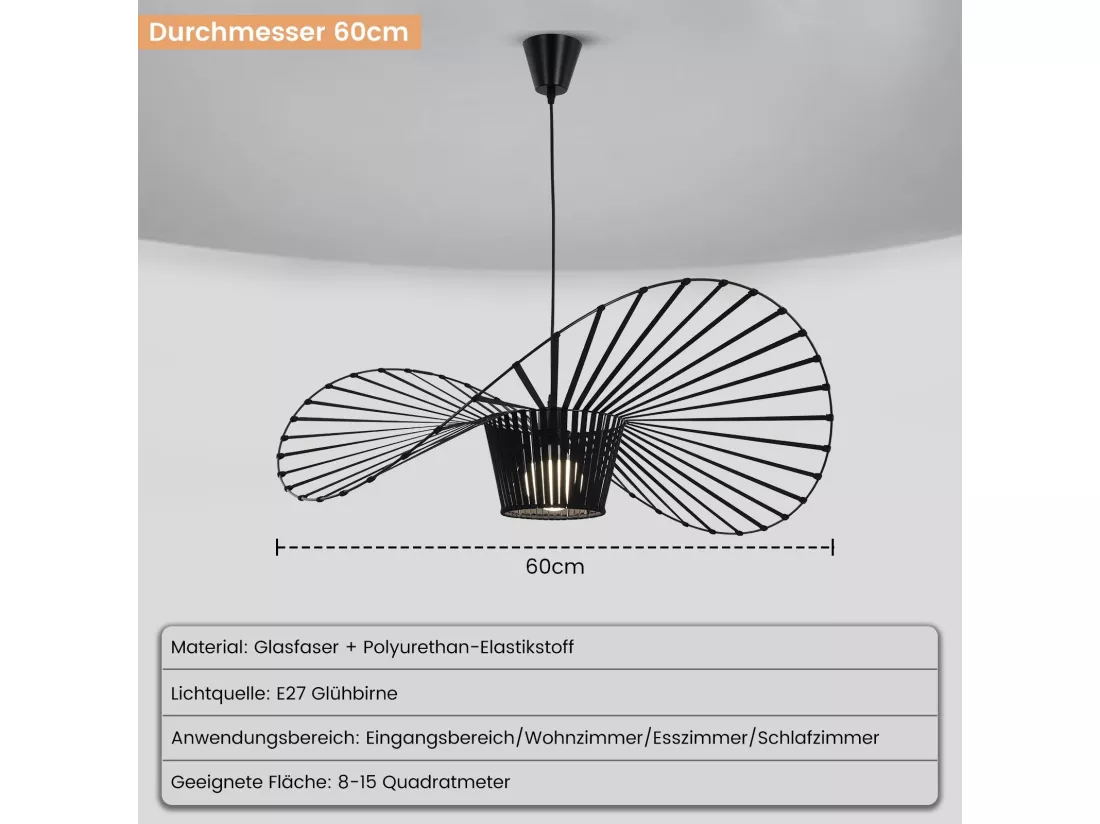 NETTLIFE Suspension Noir E27 Moderne Diam.60cm Polycarbonate Design Chapeau Max.40W pour Salon salle à manger cuisine, sans Ampoule