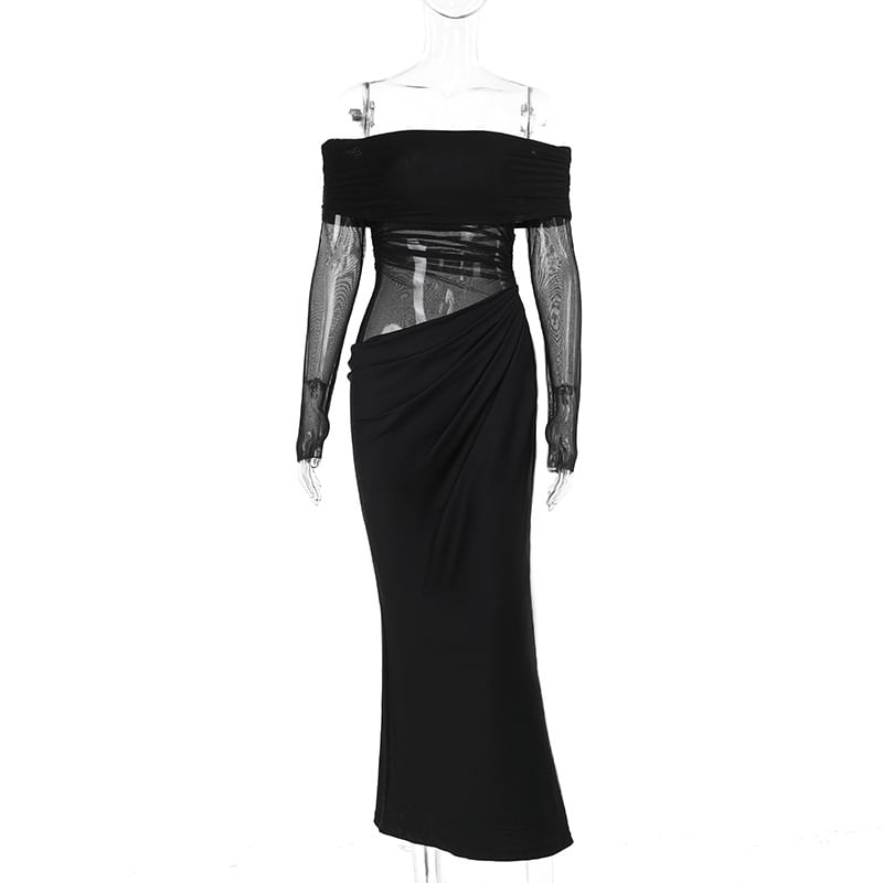 FYDO - Off Shoulder Lange Mouwen Transparante Gerimpelde Maxi Schede Jurk