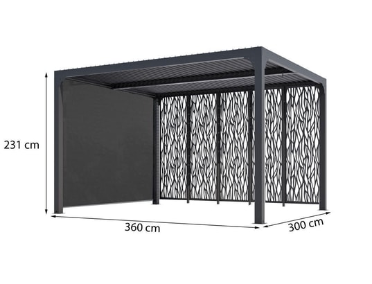 HABRITA - Pergola bioclimatique + rideau manuel côté + panneaux moucha...