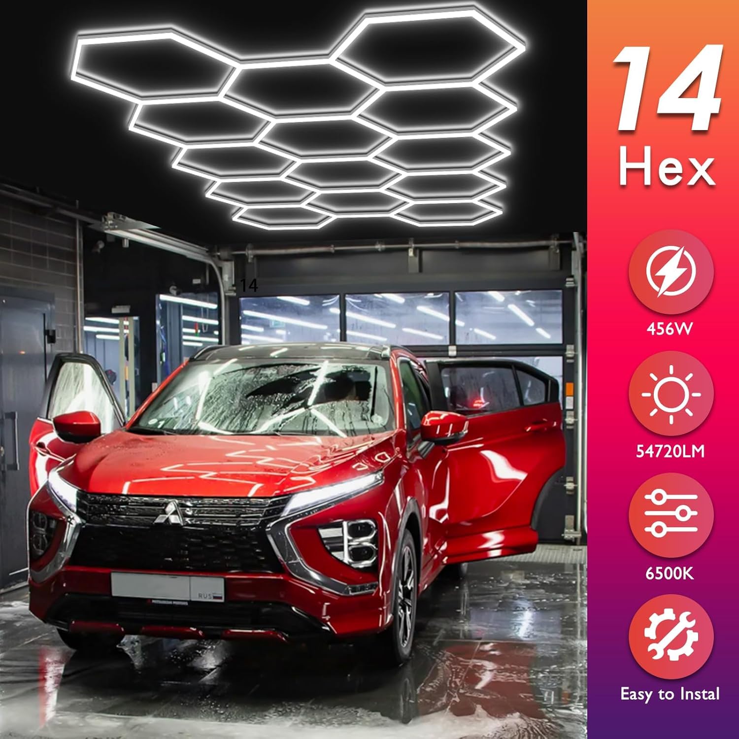 LED Hexagon Beleuchtung-57pcs Röhrenleuchten, 456W 4.1m x2.4m,Superhell verknüpfbare LED-Deckenleuchten für Garage, Werkstatt, Fitnessstudio, Keller, Auto-Schönheitssalon, Autopflegegeschäft”(14-HEX)