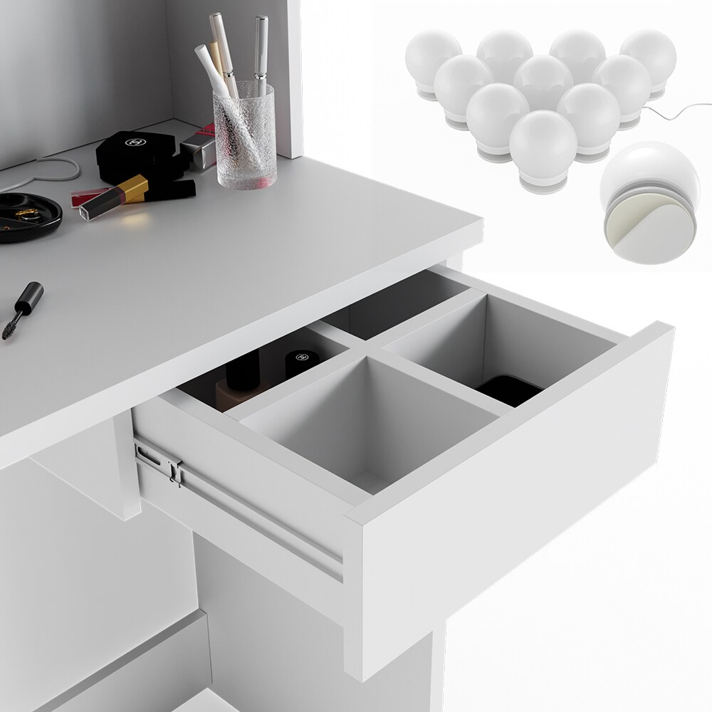 Vicco Schminktisch Dekos Kosmetiktisch Frisierkommode Frisiertisch Spiegel Weiß inklusive Sitzbank und LED-Lichterkette