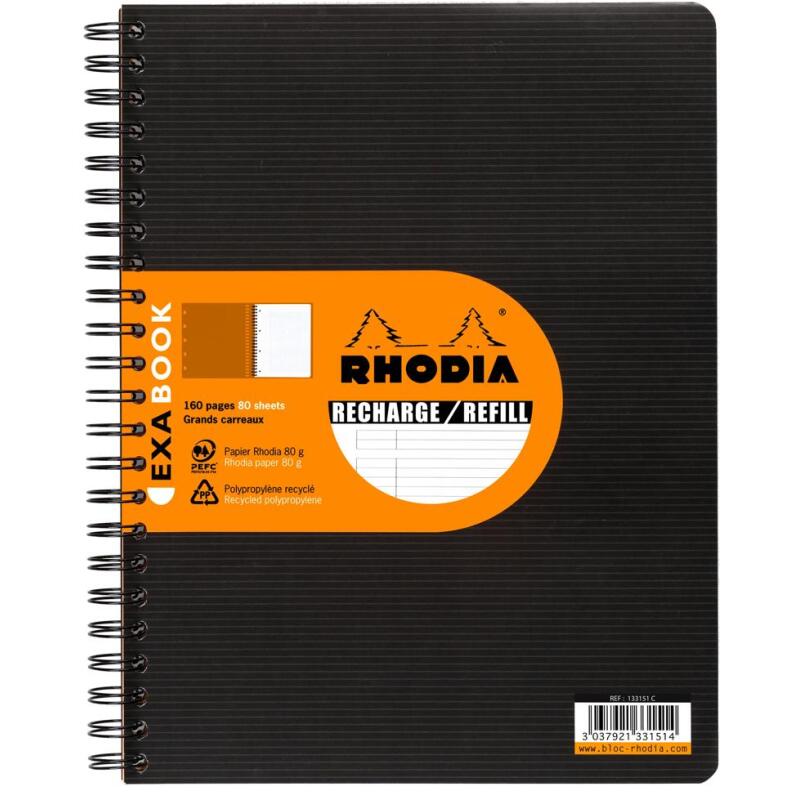 Cahier recharge Exabook Rhodiactive reliure intégrale A4+ 160 pages ligné+MC 80g - Noir