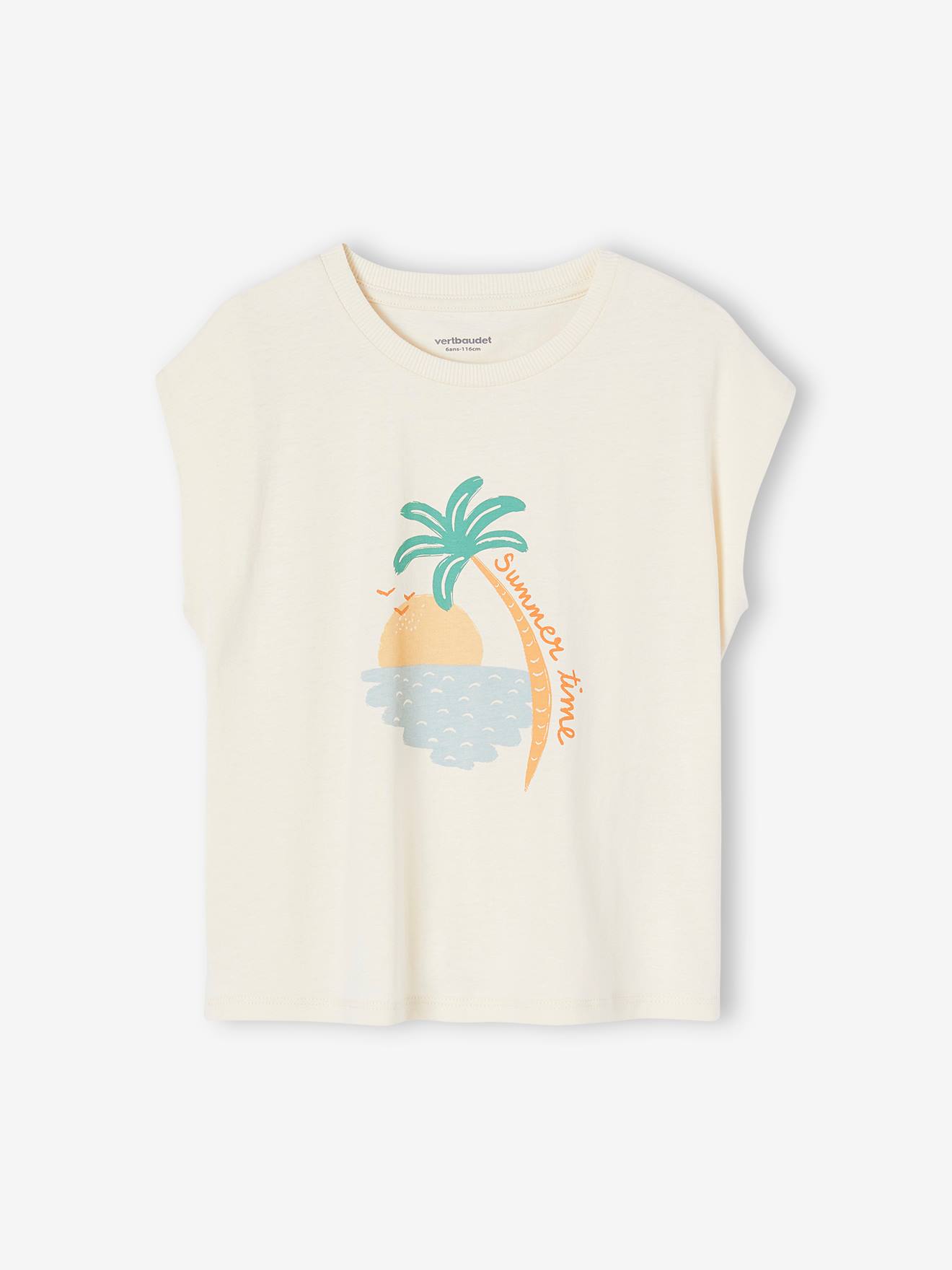 Camiseta infantil feminina com estampa de verão e mangas na altura dos ombros, na cor off-white.