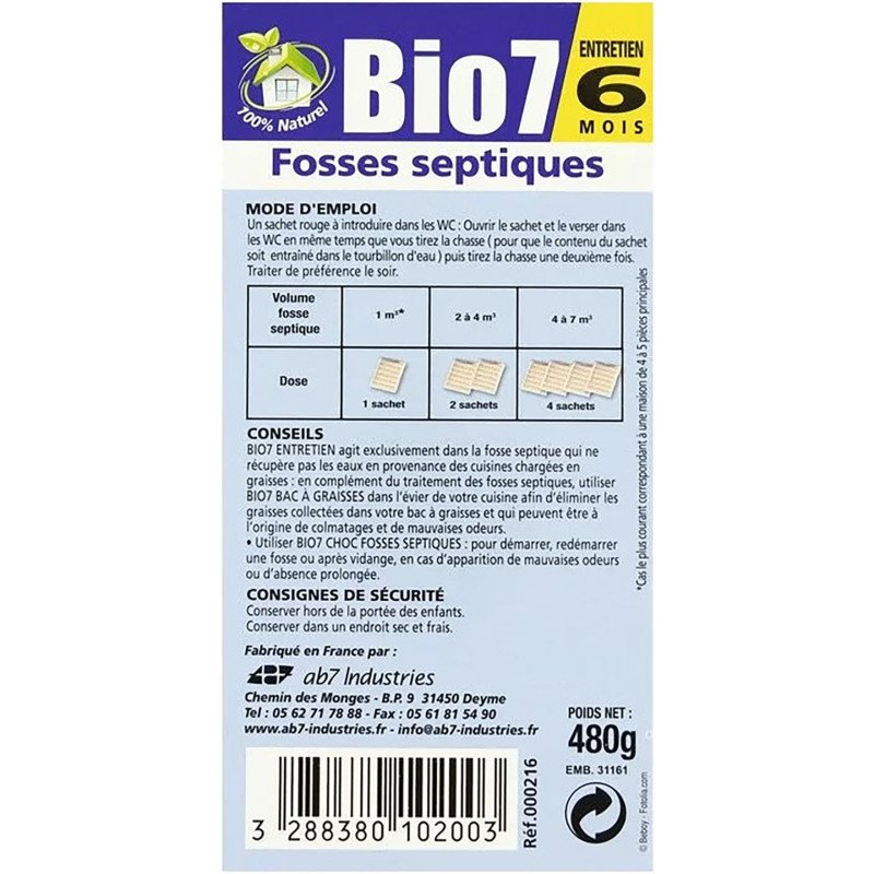 Activateur bactérien biologique de fosse septique Bio7 entretien 6 mois