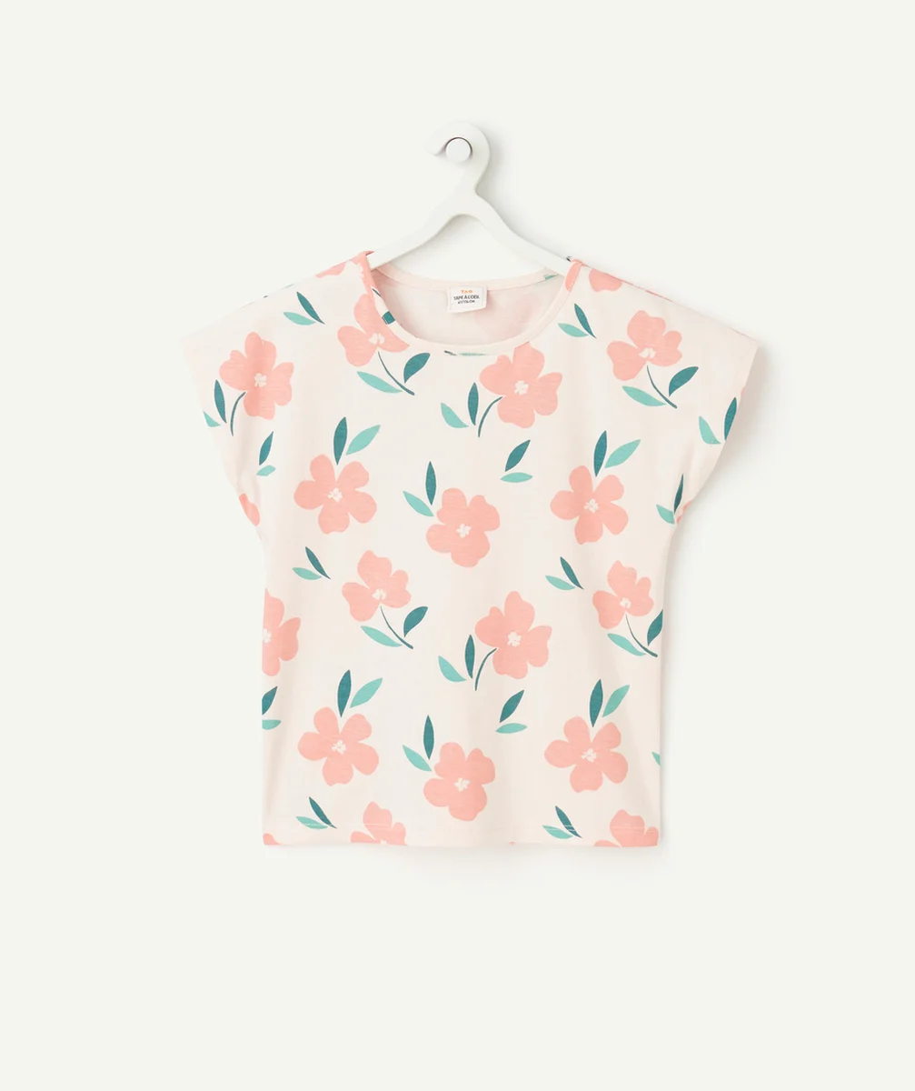 t-shirt manches courtes fille en coton bio rose pâle imprimé fleurs roses