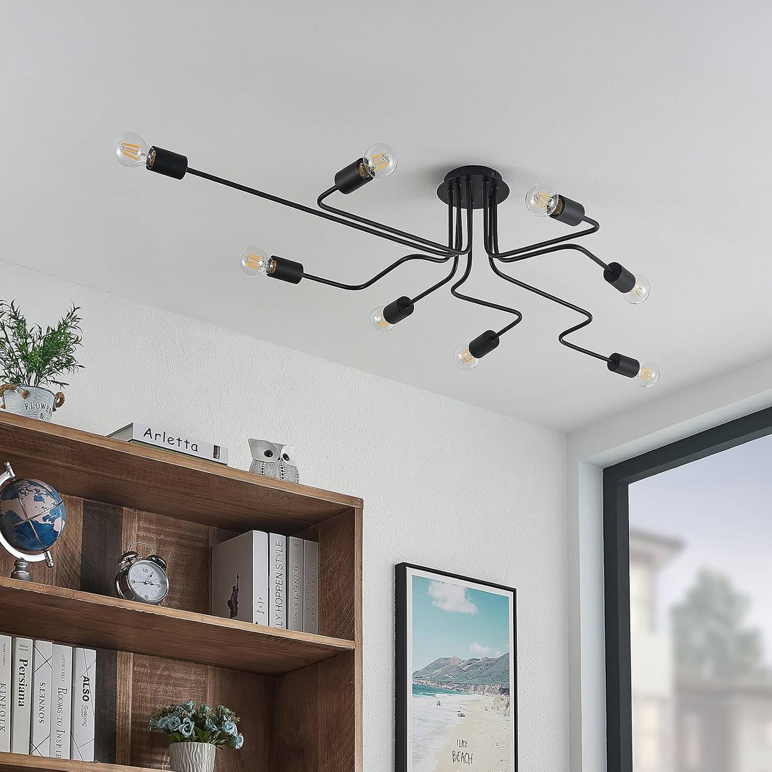 Lindby Deckenlampe Elimar (Retro, Vintage Antik) in Schwarz aus Metall (8 flammig E27) - Deckenleuchte Lampe Wohnzimmerleuchte