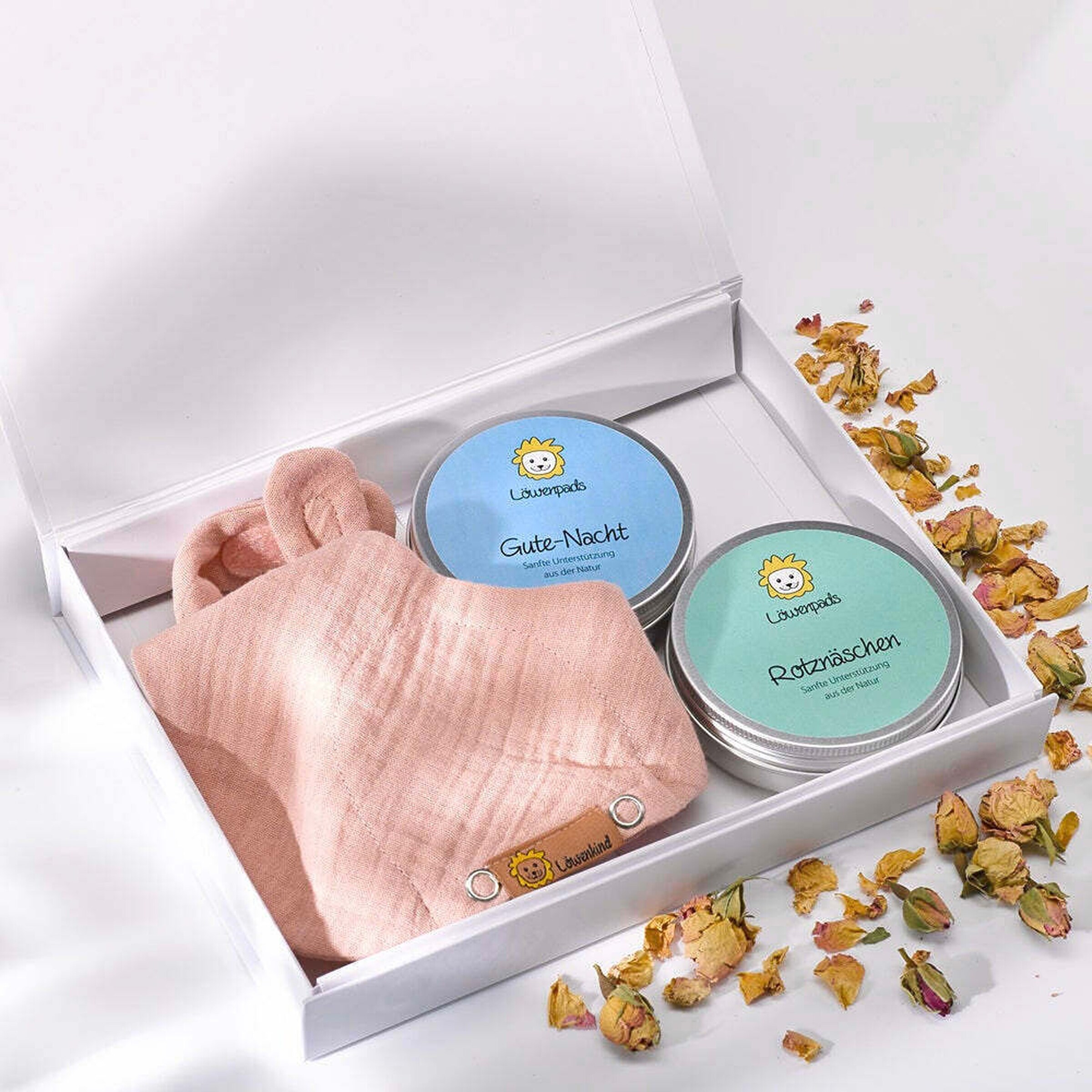 Löwenkind Geschenkbox - Kräuterpads & Halstuch Pistazie