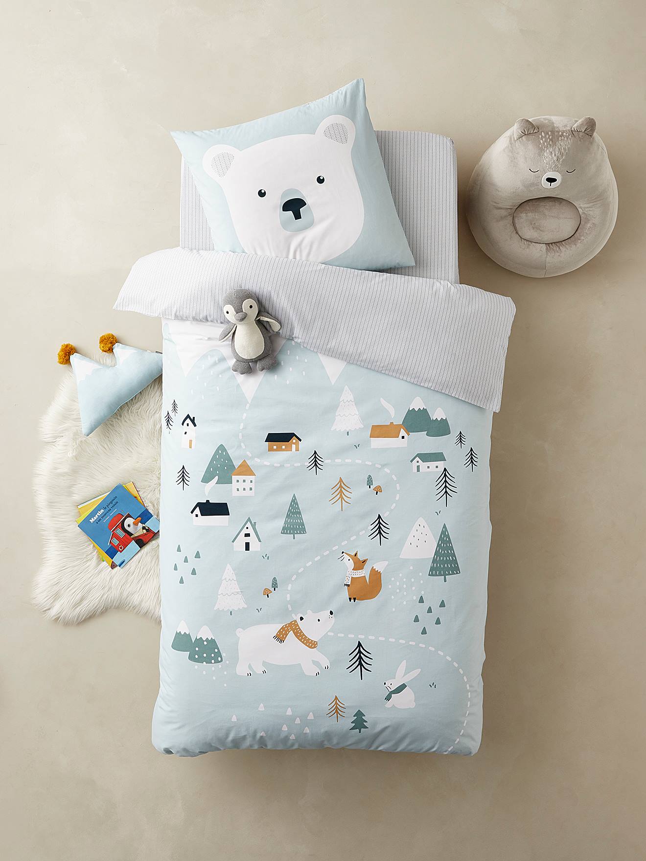 Conjunto de capa de edredom infantil + fronha Alpino azul médio liso com estampas