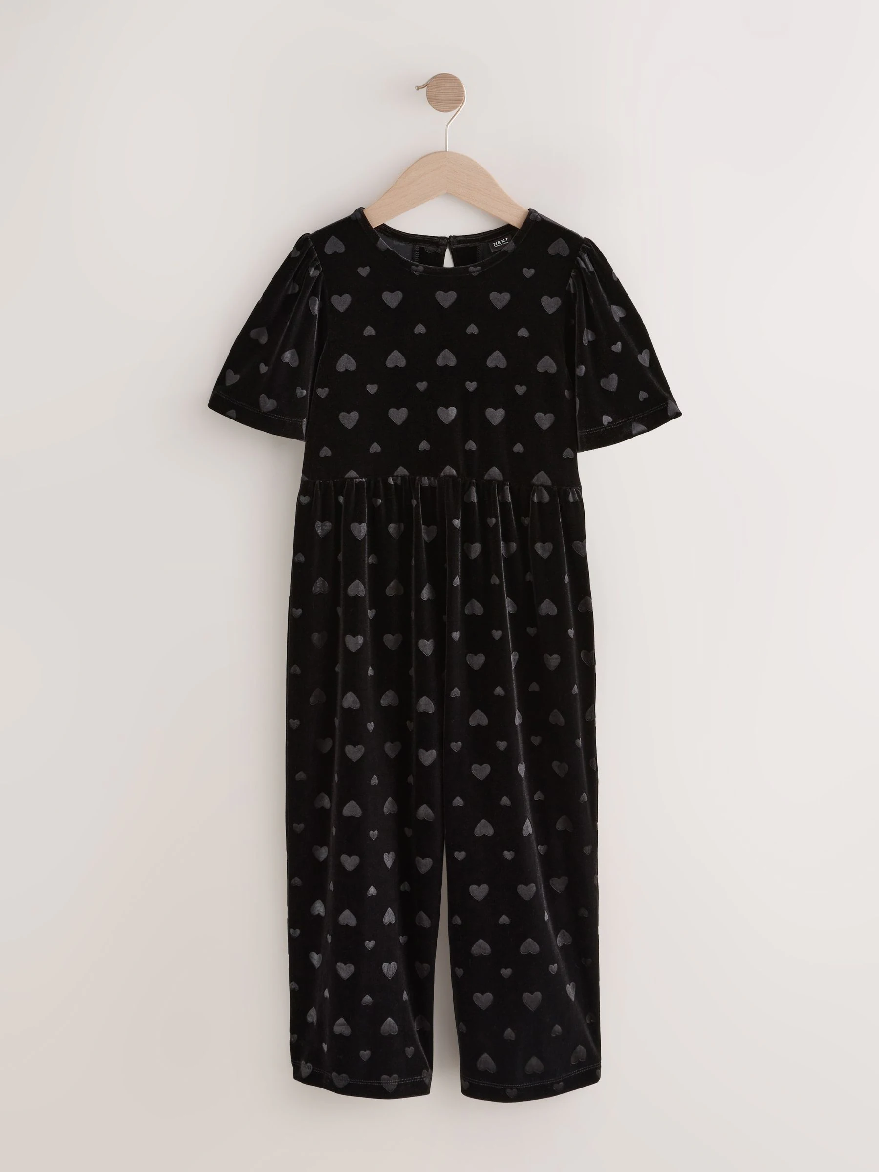 Zwart - Heart Embossed Velour Jumpsuit (3-16yrs)