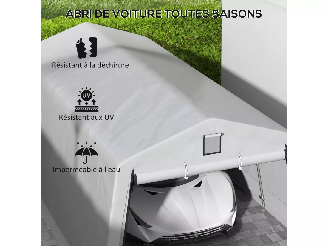 Tente garage carport dim 6L x 3,3l x 2,4H m acier galvanisé robuste PE haute densité 150 g/m² imperméable anti-UV gris