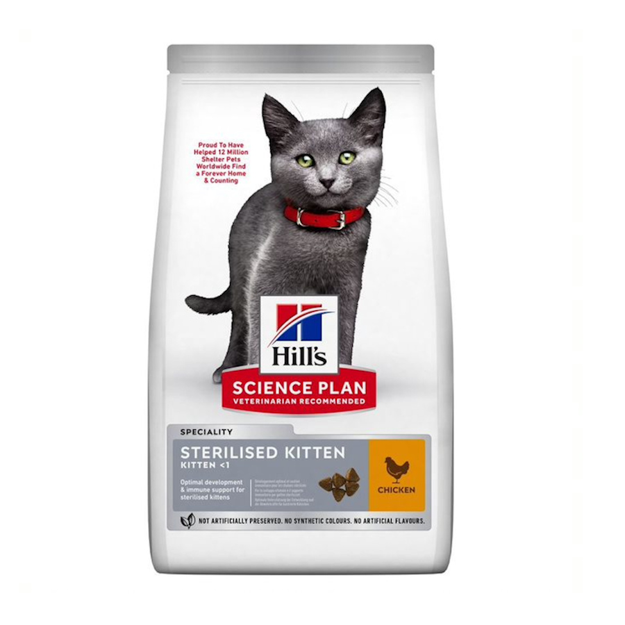 Ração esterilizada para gatinhos Hill's Science Plan com sabor de frango.