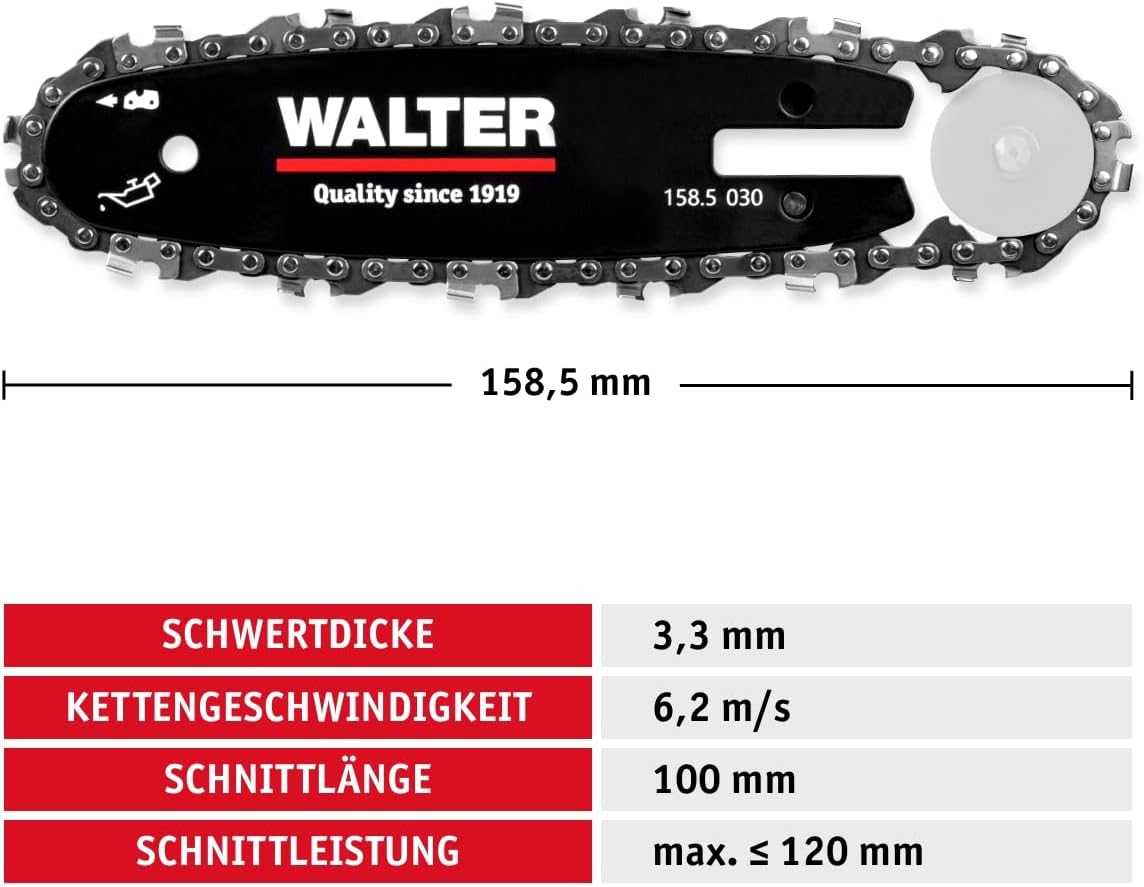 WALTER Akku-Kettensäge & Stichsäge 2-in-1 20V Li-Ion Bürstenloser Motor, schwenkbarer Kopf, 120 mm Schnittleistung Rückschlagschutz & Soft-Grip Für Holz Äste Baumzuschnitt | Akku & Schnellladegerät