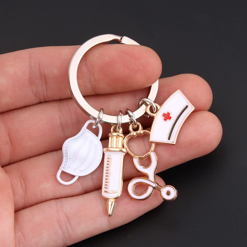 Metall Krankenschwester Schlüsselanhänger Handtaschen Accessoire mit Spaltring - Gold / Weiss