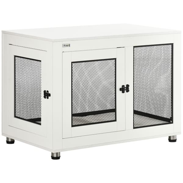 Hundebur Med Bordplate, Hundehus, Hundehus Med Pute, Innendørs Hundeboks Med 2 Dører, Sidebord, Hvit + Svart, 94 X 60 X 71,5 Cm
