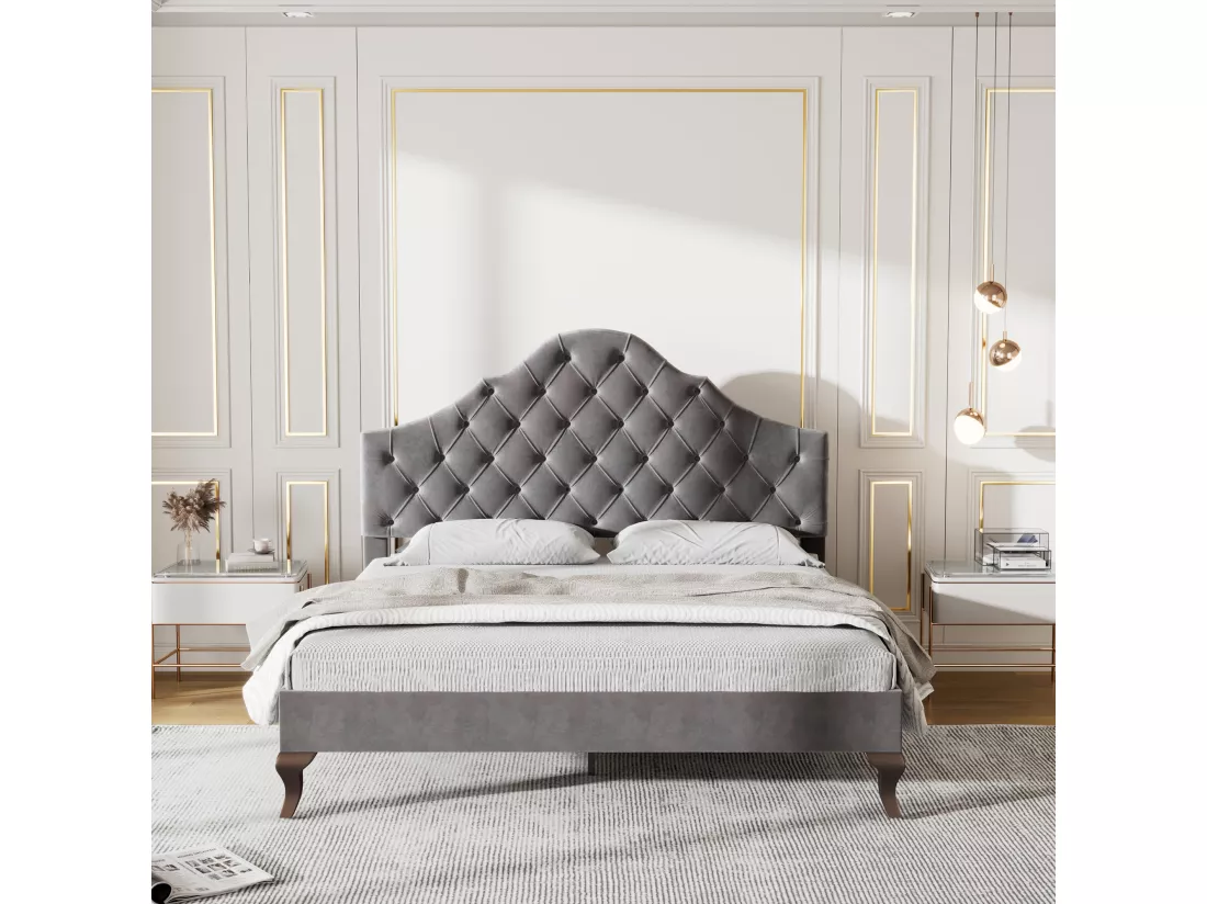 Lit avec tête de lit réglable pour adulte - 140 x 200 cm - velours - style scandinave - gris