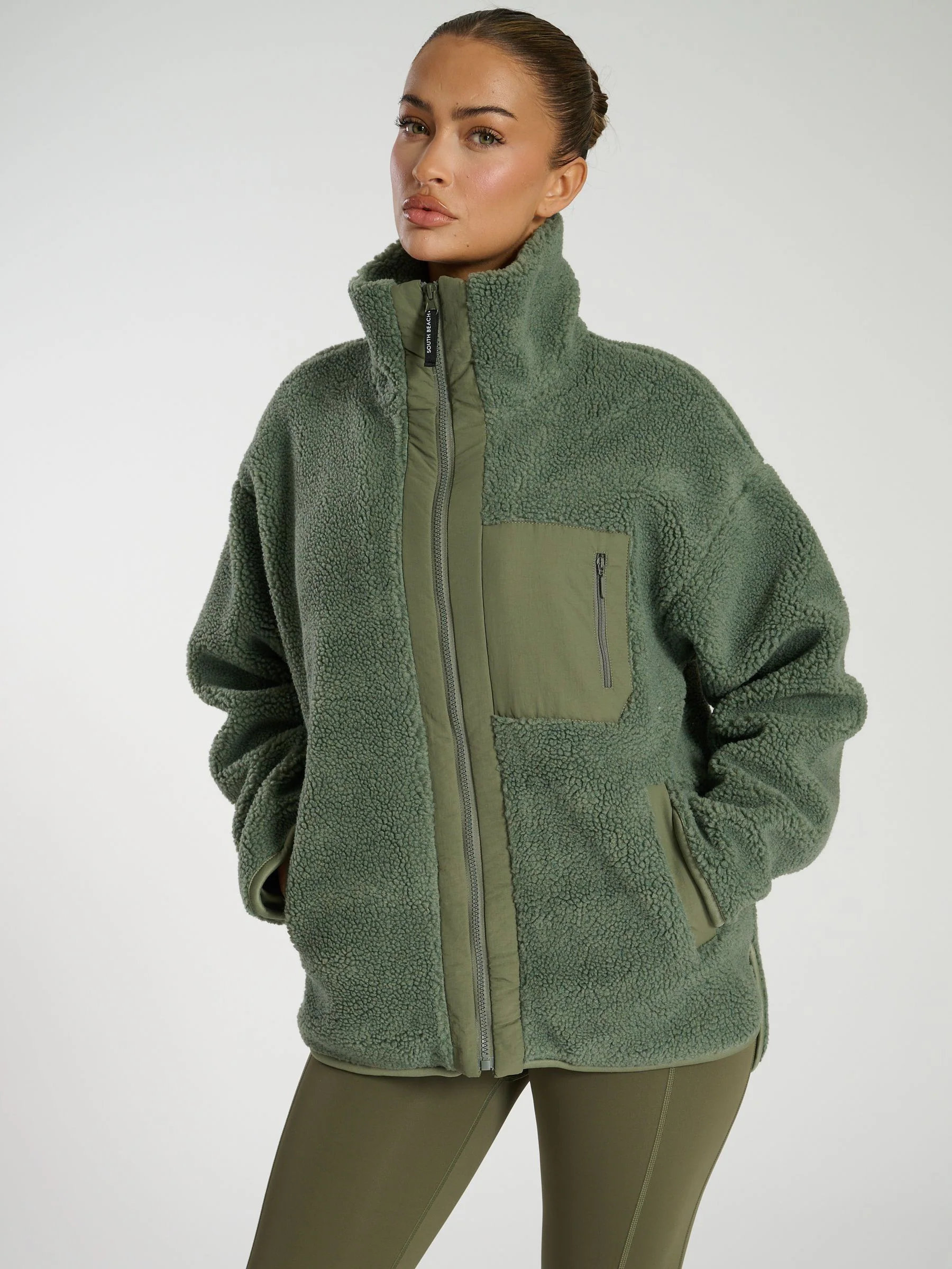 Groen - South Beach borg jas met ritssluiting