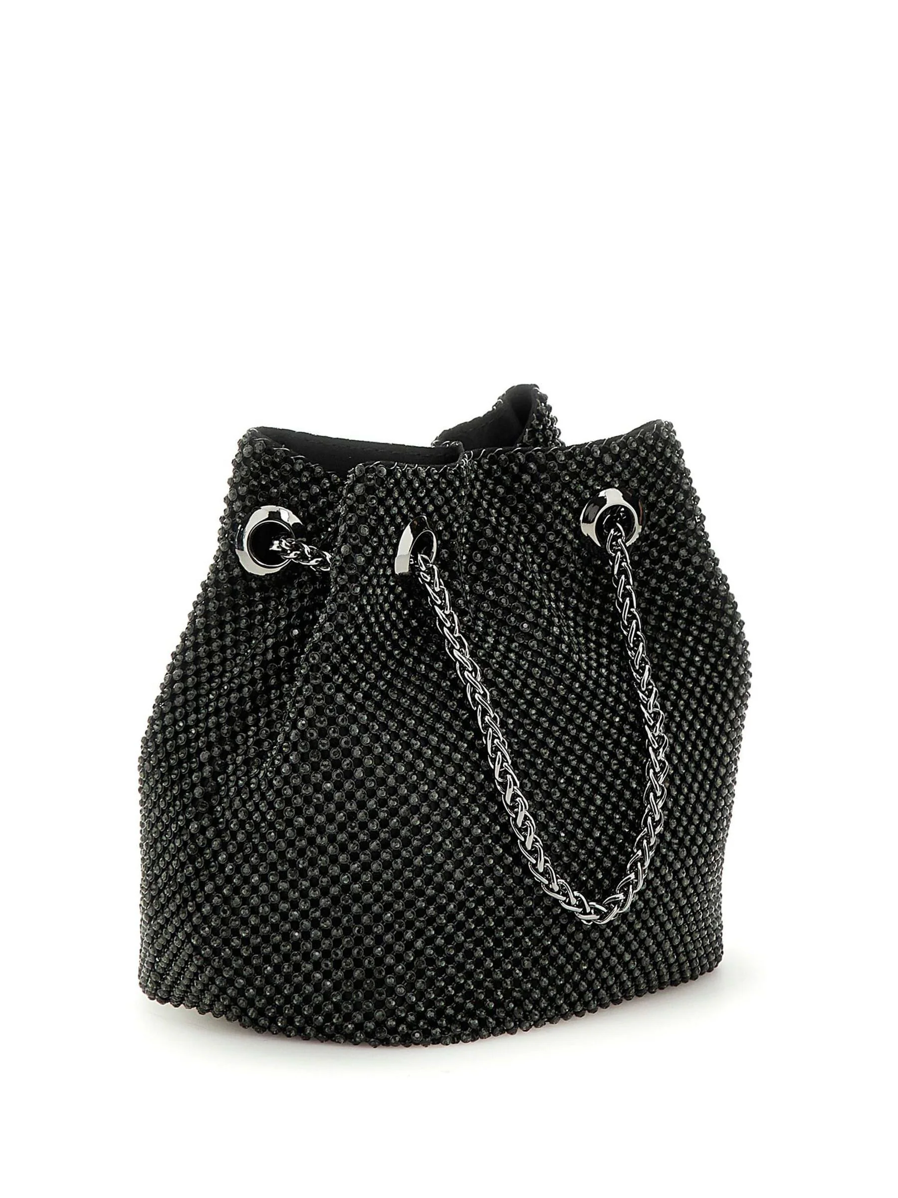 Zwart - Guess Zalina Rhinestone Embellished Pouch Bucket Bag