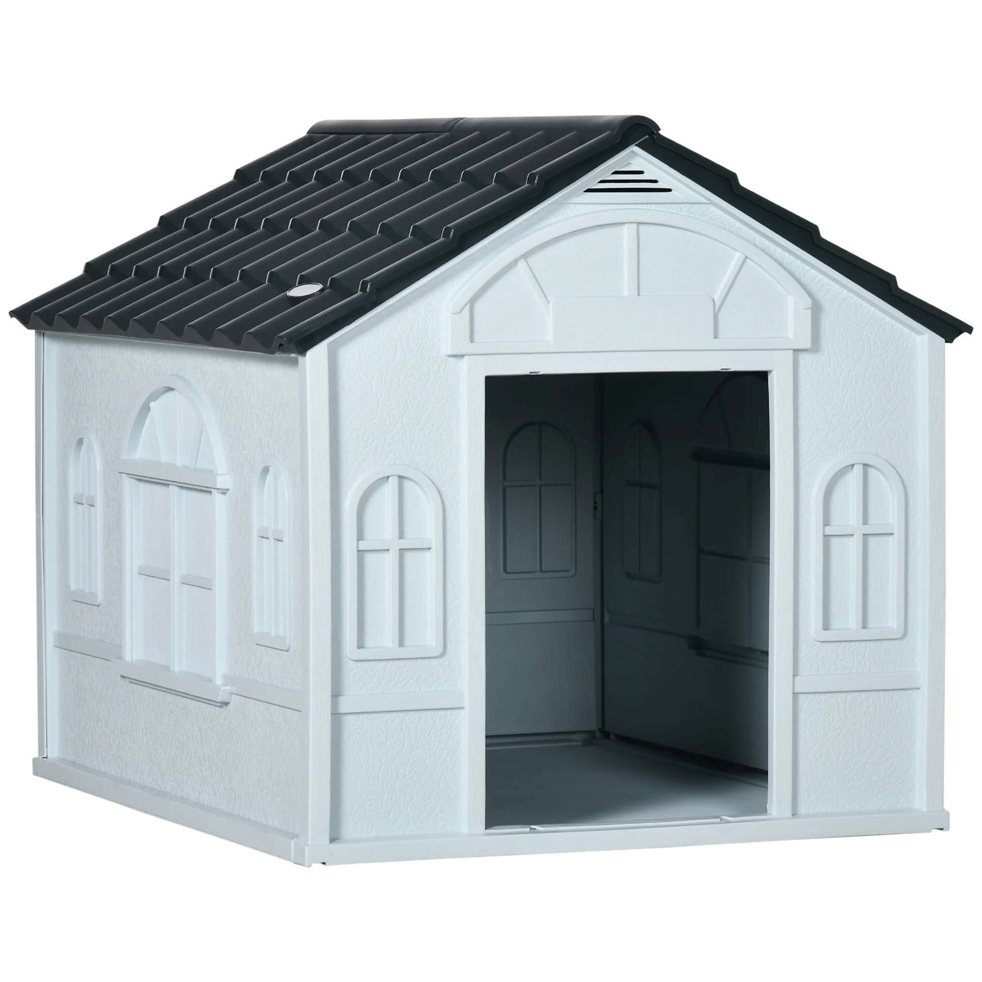 Casinha para cães PawHut, 65x75,7x63 cm, com janela estampada e telhado imitando telha, para cães de porte médio, cinza e branca.