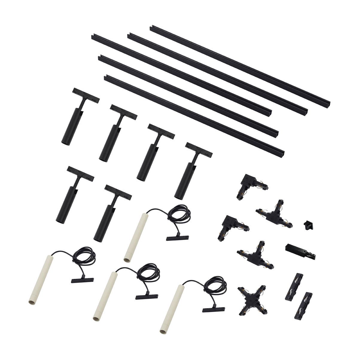 Modern railsysteem met 6 spots en 4 hanglampen beige met zwart 1-fase - Slimline Uzzy Keno