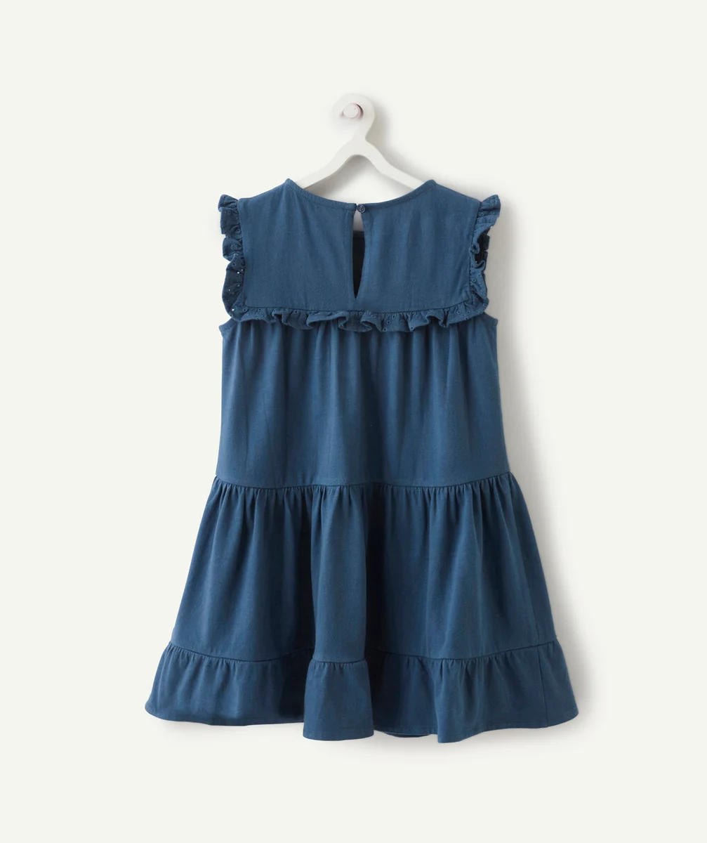 ROBE EN MAILLE FILLE EN COTON BLEUE AVEC VOLANTS ET BRODERIES