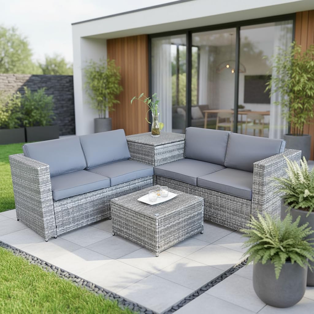 Mucola Polyrattan Lounge Set mit Kissenbox – Gartenlounge XXL, wetterfest & UV-beständig, inkl. Tisch mit ESG-Glasplatte, modulare Outdoor Sitzgruppe für Garten, Terrasse & Balkon, Grau