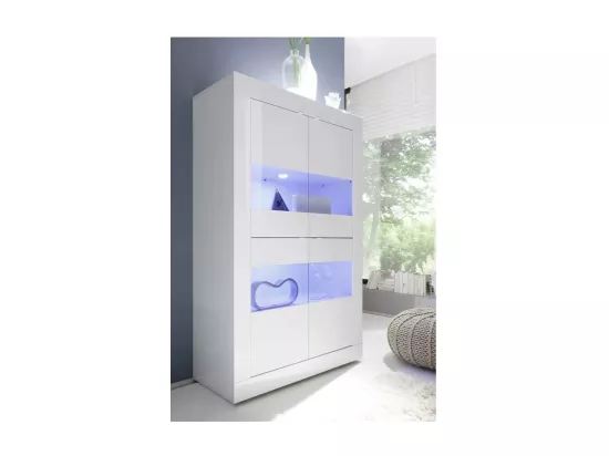 Vitrine 4 portes en verre sans éclairage, collection CISA, coloris blanc laqué brillant