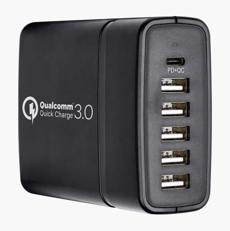USB-ladestasjon med seks utganger, type A og C, PD og QC 3.0, 59 W