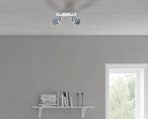 Plafondspot FLAIR, 2-lichts, 25 cm breed, ijzer/nikkel/satijn finish, rookglas