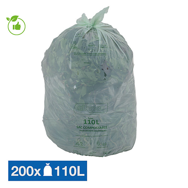 Sacs poubelle pour déchets compostables 110 L transparents, lot de 200