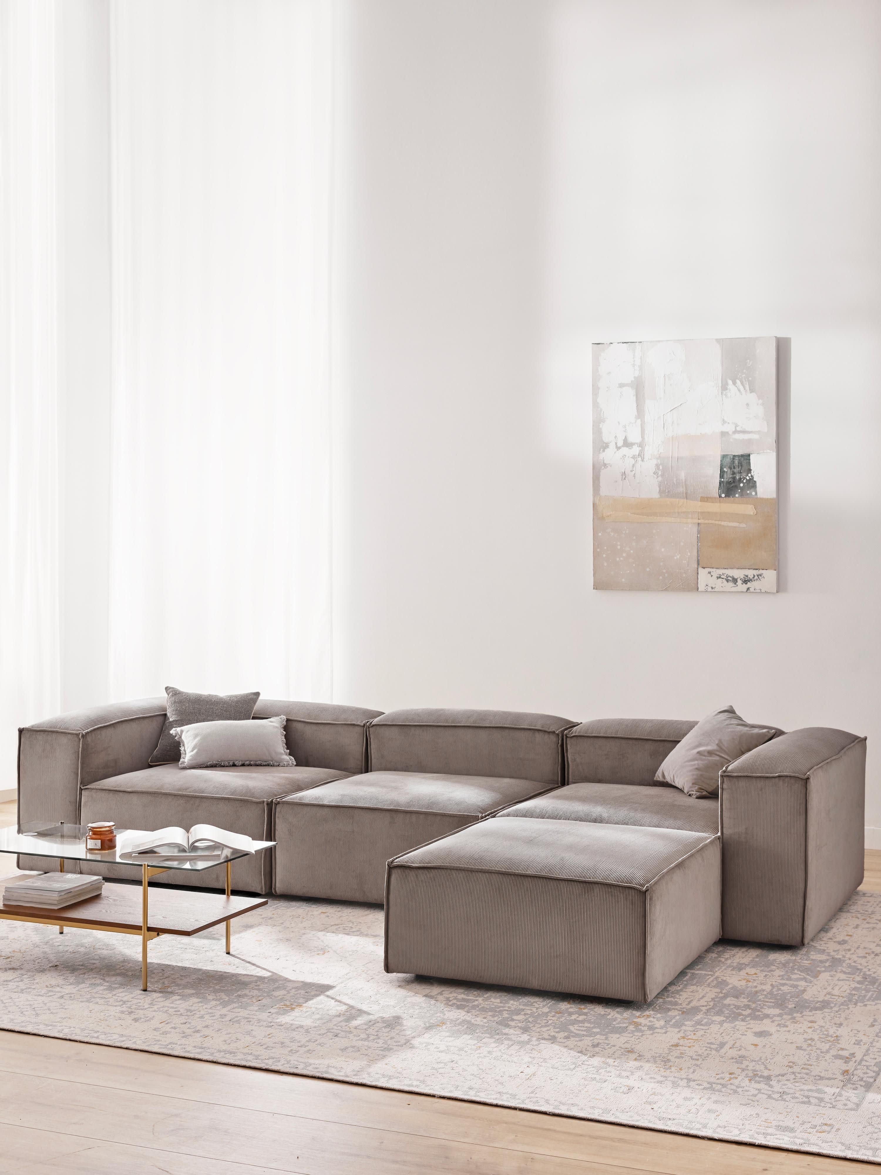 Modulaire bank Lennon (4-zits) van corduroy met poef (links/rechts)