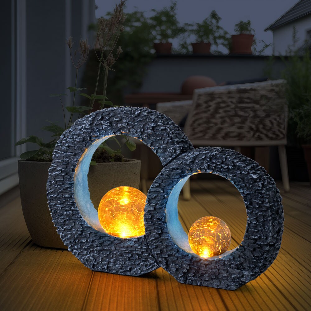 LED Solarleuchte, Stein-Optik, silber-blau, Feuereffekt, L 36 cm