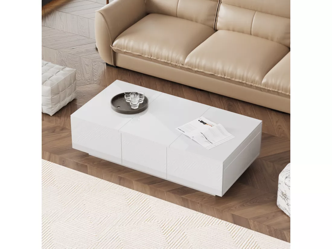 Table basse moderne en finition haute brillance avec rangement Push-Pull et tiroirs doubles – 100 x 50 x 31 cm