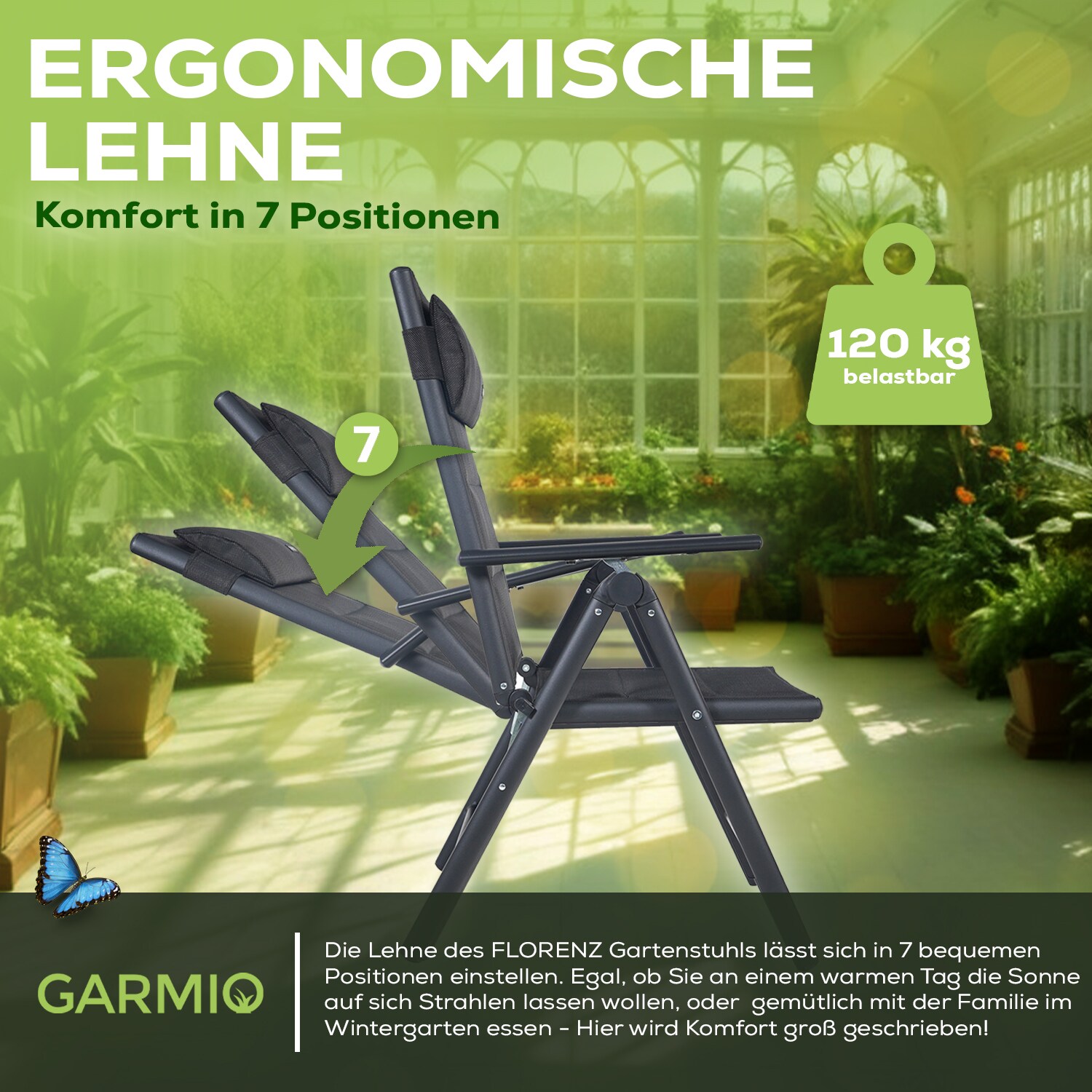 GARMIO® Gartenstuhl Balkonstuhl FLORENZ anthrazit, 4er SET, 7-fach verstellbar, klappbar, inkl. Nackenkissen, für Terrasse
