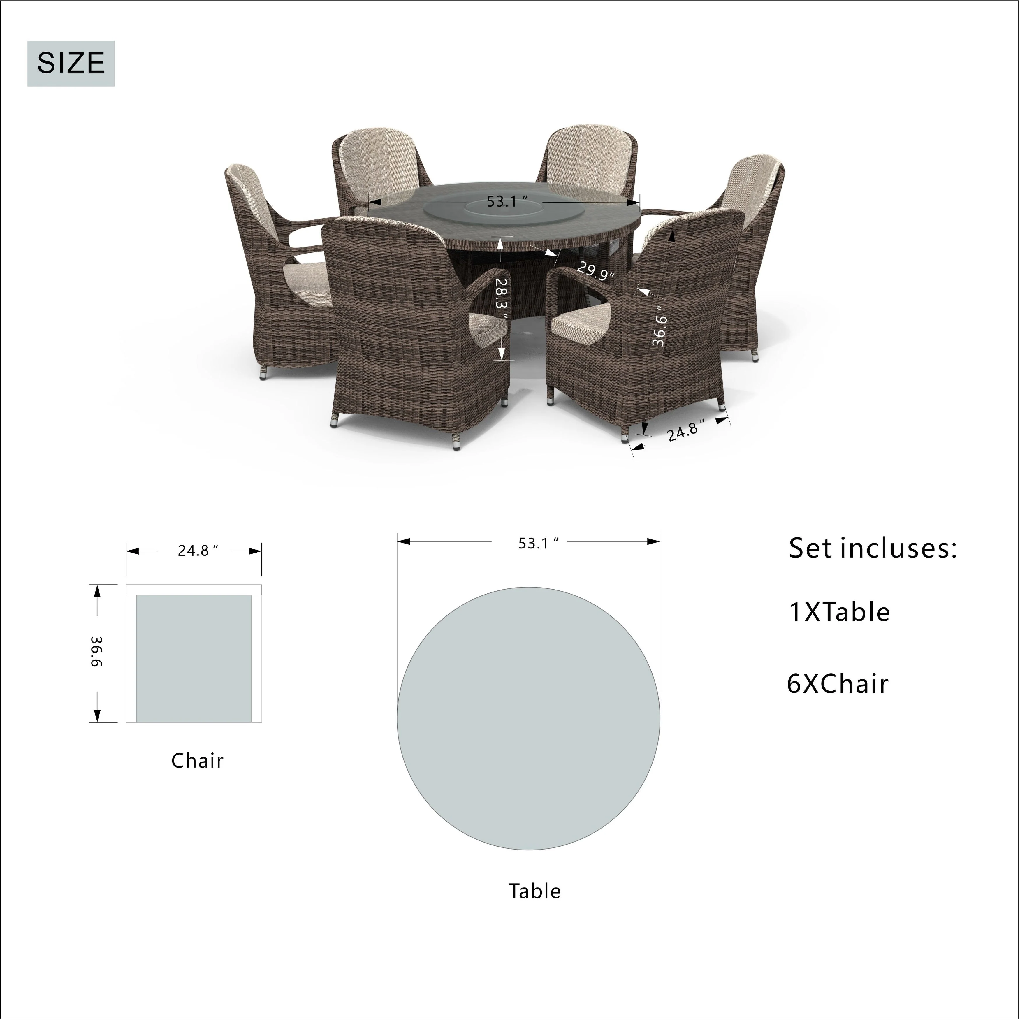 7 Pieces Outdoor Rattan Wicker Patio Round Dining Set with Cushions by Moda Furnishings