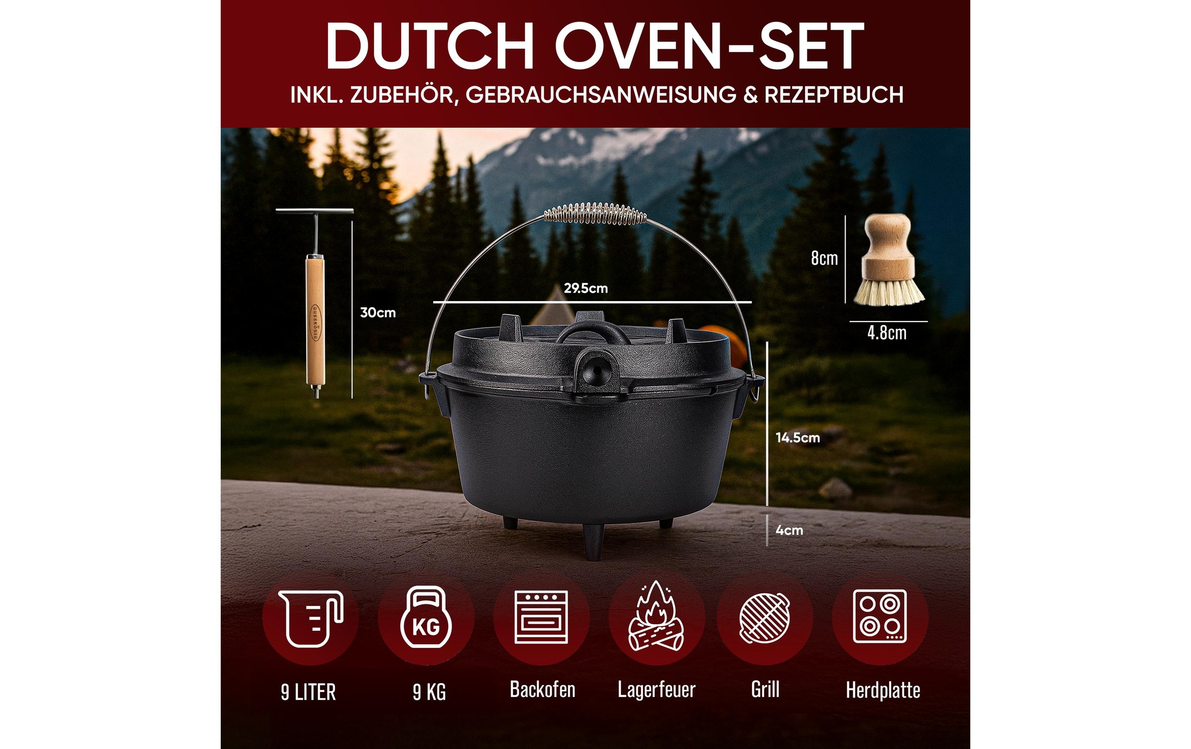 Grilltopf »Gusskoenig Dutch Oven Set 9 l mit Deckelheber, Bürste« Gusseisen